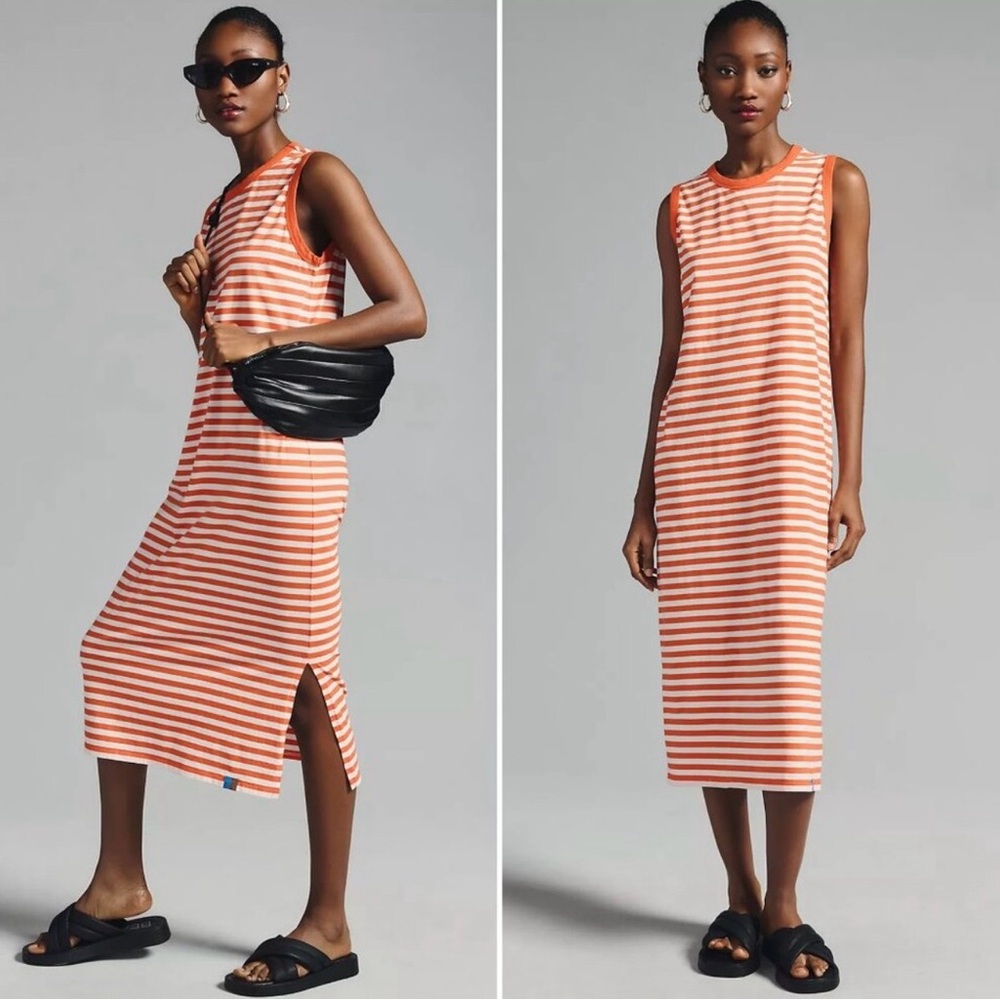Kule The Tank Dress Poppy Orange White Striped Midi Cotton Size Large